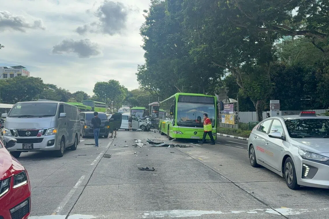 Oil, glass and debris were seen on the road, across three out of the five lanes.