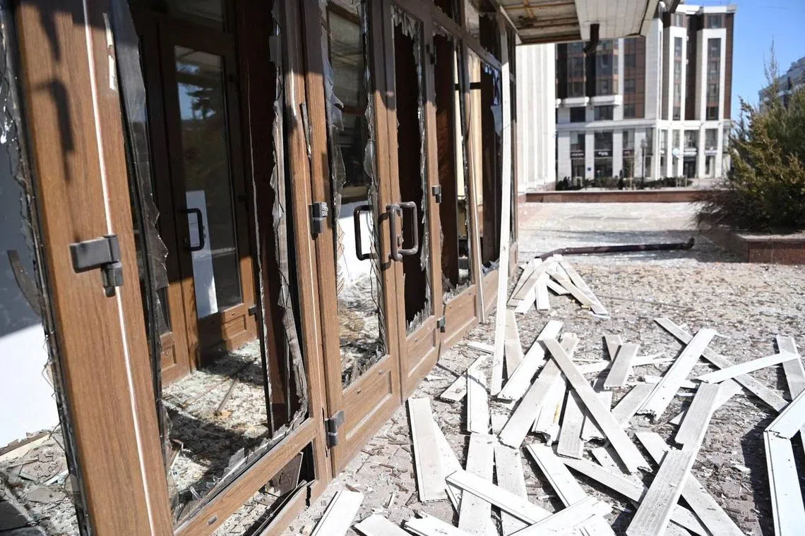 A view shows the entrance to the city administration building, which, according to local authorities, was damaged by a Ukrainian drone attack, in Belgorod, Russia March 12, 2024. Mayor of Belgorod City Valentin Demidov via Telegram/Handout via REUTERS