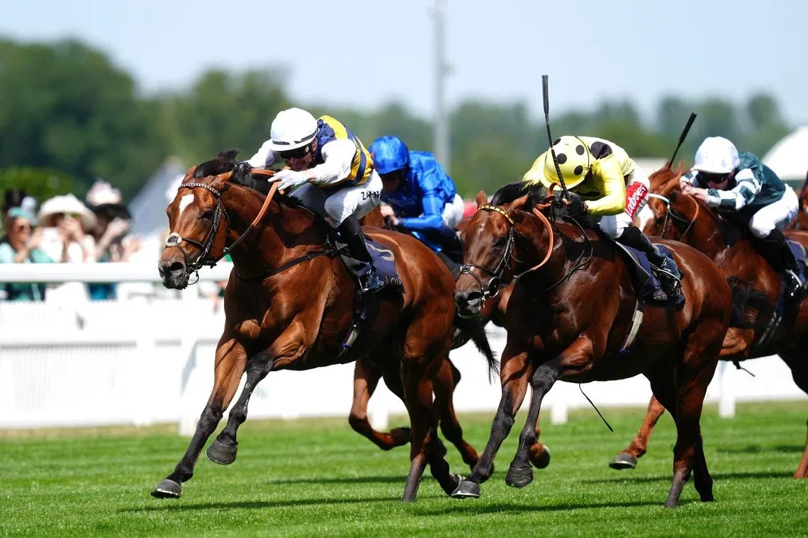 Docklands (Mark Zahra, white cap) springing a 14-1 upset in the Group 1 Queen Anne Stakes (1,600m) at Royal Ascot on June 17 when defeating Rosallion (Sean Levey) by a nose. The Harry Eustace-trained entire will attempt to go back-to-back in the Queen Anne on June 16.
