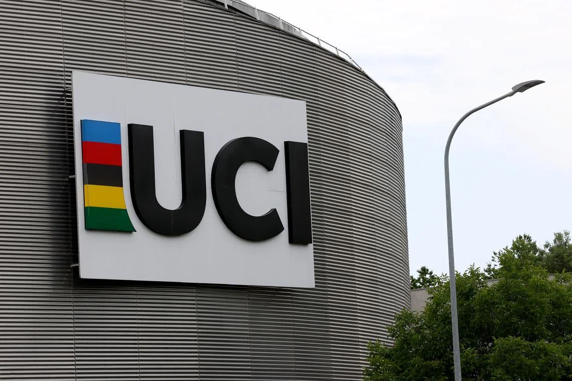 The logo of the Union Cycliste Internationale (UCI) is seen in Aigle, Switzerland, June 3, 2022.  REUTERS/Denis Balibouse/ File photo