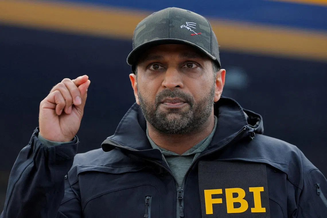 FILE PHOTO: FBI Director Kash Patel announces the apprehension of Ryan Wedding, a former Canadian Olympic snowboarder who was on the FBI's Ten Most Wanted Fugitive list, during a press conference in Ontario, California, U.S., January 23, 2026.   REUTERS/Mike Blake//File Photo
