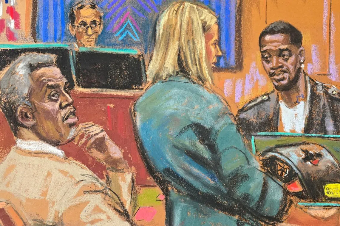 Prosecutor Emily Johnson questions rapper Kid Cudi as he testifies at Sean \"Diddy\" Combs' sex trafficking trial in New York City, New York, U.S., May 22, 2025 in this courtroom sketch. REUTERS/Jane Rosenberg/File Photo