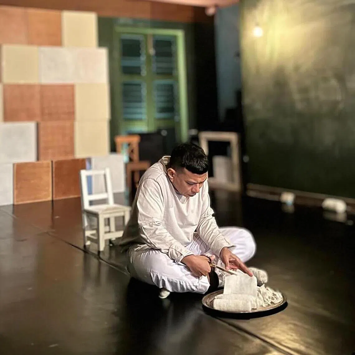 Actor Rizman Putra in 6 Microlectures On Genocide at the Drama Box Studio. 