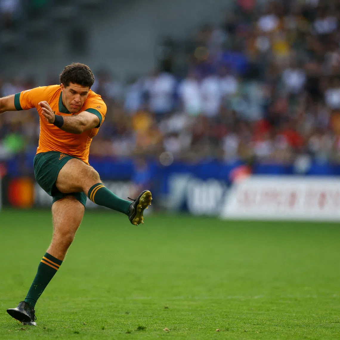 FILE PHOTO: Rugby Union - Rugby World Cup 2023 - Pool C - Australia v Portugal - Stade Geoffroy-Guichard, Saint-Etienne, France - October 1, 2023  Australia's Ben Donaldson scores a penalty REUTERS/Paul Childs/File Photo