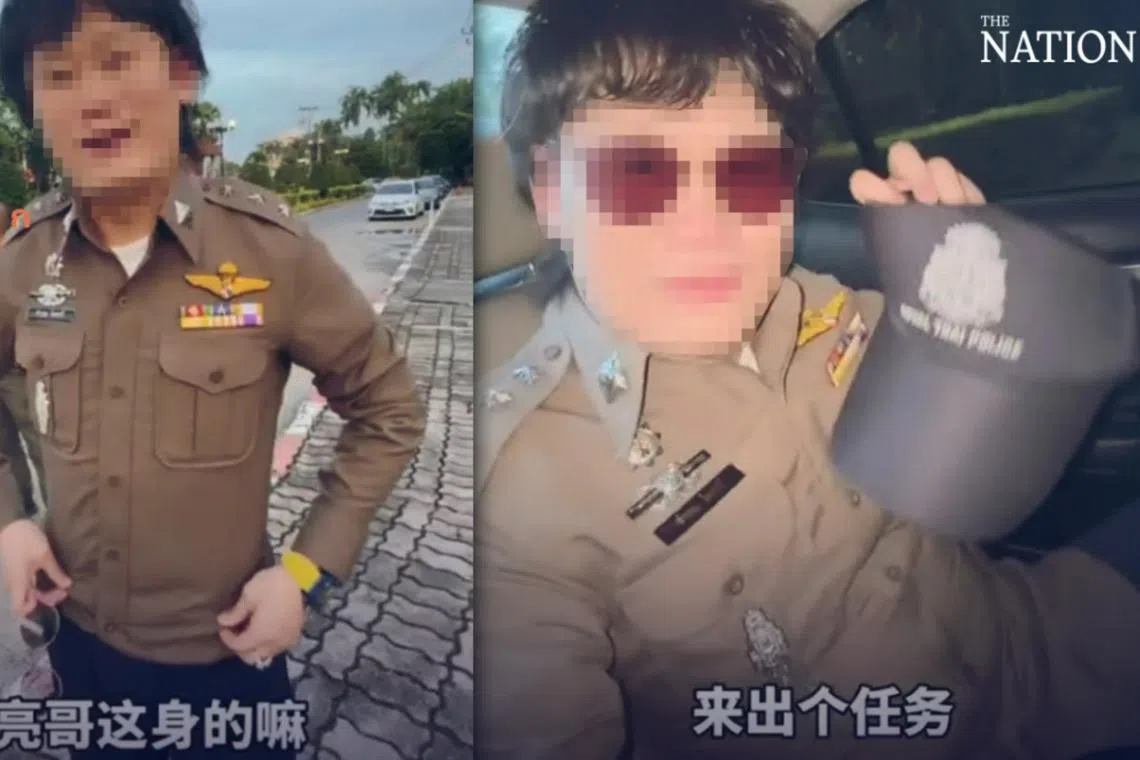 A tourist was wearing a Thai police uniform shirt that he appeared to have borrowed.