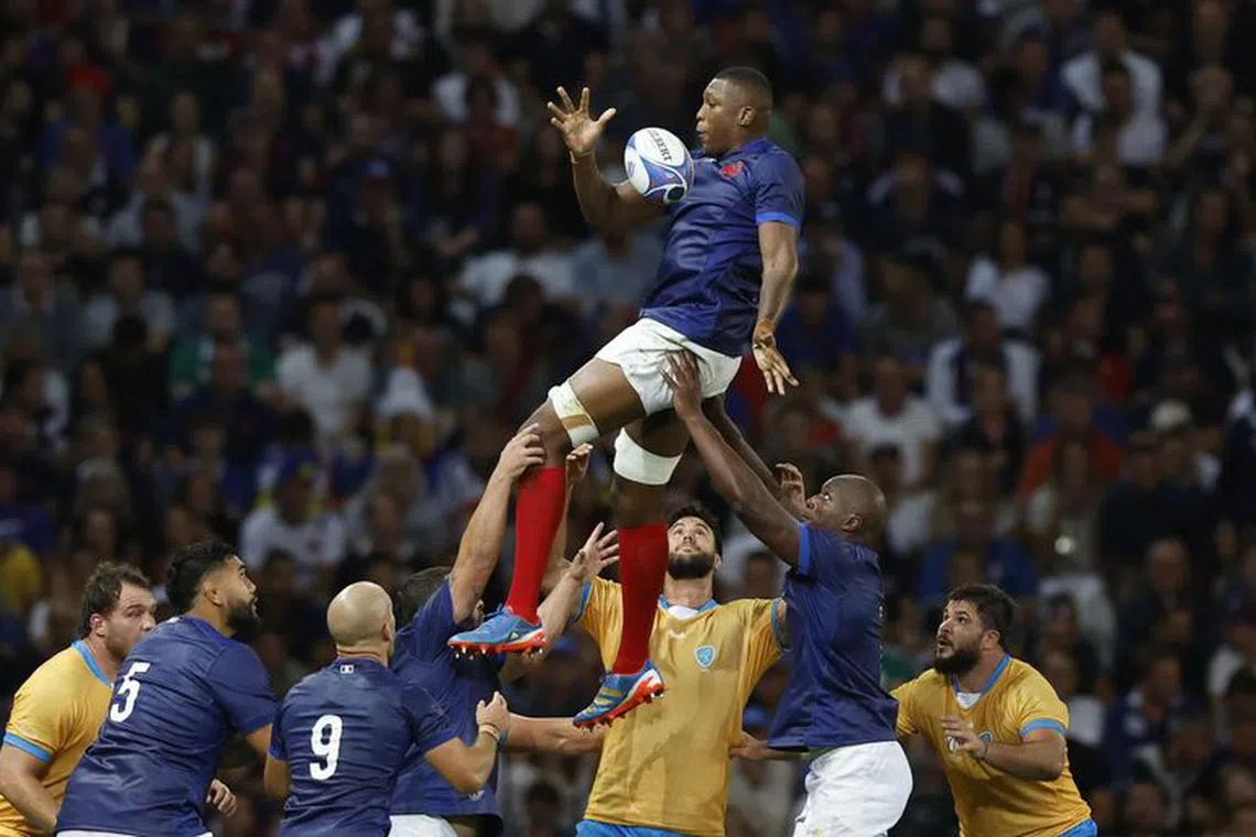 Rugby Union - Rugby World Cup 2023 - Pool A - France v Uruguay - Stade Pierre-Mauroy, Lille, France - September 14, 2023 France's Cameron Woki in action during a line out REUTERS/Peter Cziborra