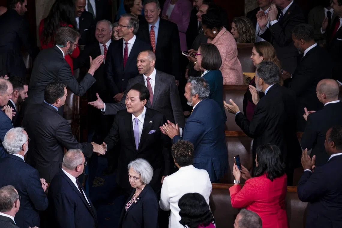 South Korean President Yoon Suk Yeol is welcomed as he arrives to address a joint meeting of Congress at the US Capitol in 2023. 