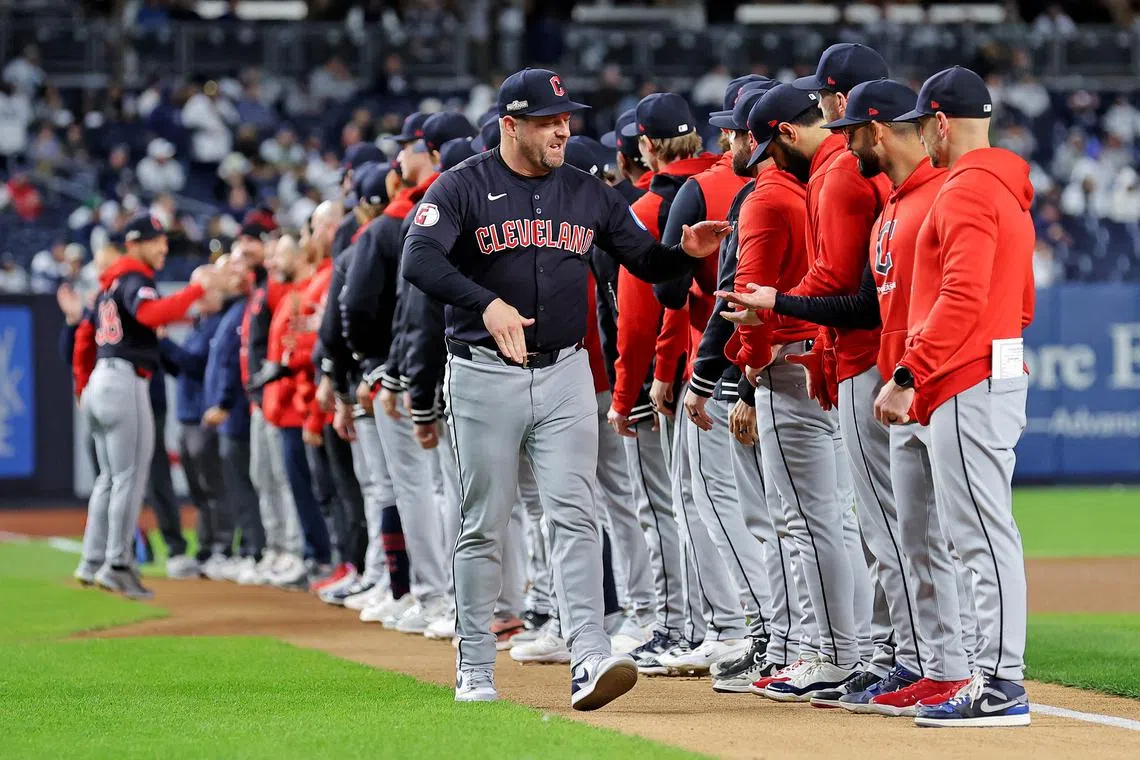 FILE PHOTO: Oct 14, 2024; Bronx, New York, USA; Cleveland Guardians manager Stephen Vogt is introduced before playing against the New York Yankees game one of the ALCS for the 2024 MLB Playoffs at Yankee Stadium. Mandatory Credit: Brad Penner-Imagn Images/File Photo