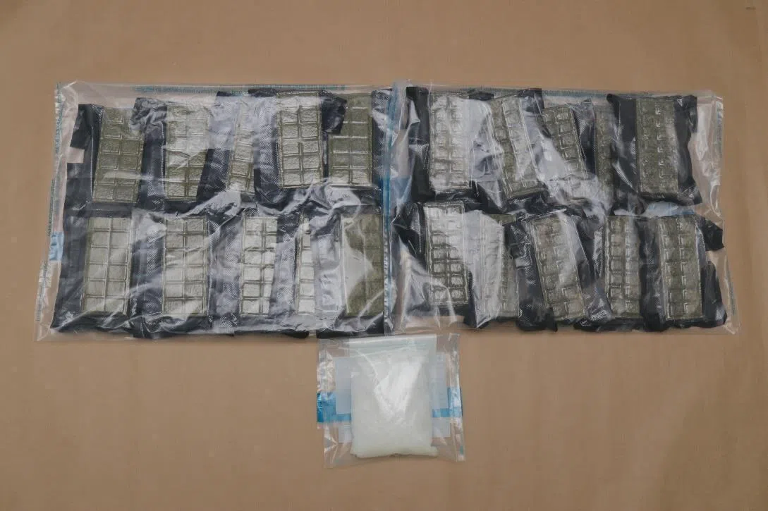 A plastic bag contained 261g of 'Ice' and two black bundles contained 2,261g of cannabis.