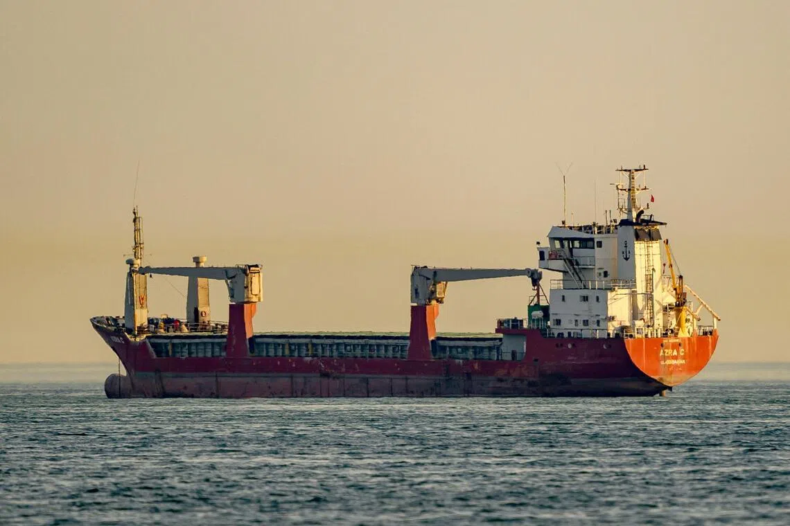The Mongalia-flagged cargo ship "Azra C" lying at anchor in the Sea of Marmara, off Istanbul, on June 4. It has been there since August 2025. The ship's crew members cannot leave until another crew arrives.