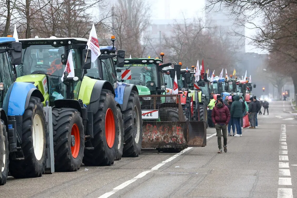 French farmers from FNSEA and Jeunes Agriculteurs farm unions walk along their tractors during a demonstration to protest against the EU-Mercosur free trade agreement, in Strasbourg, France, January 20, 2026. REUTERS/Yves Herman