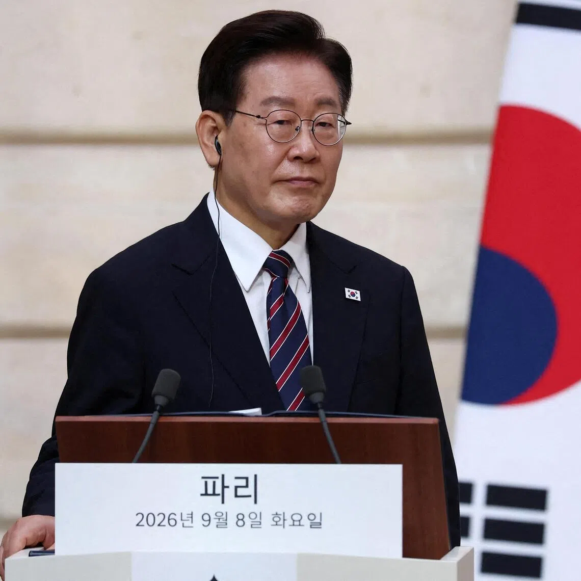 South Korean President Lee Jae Myung attends a joint statement with French President Emmanuel Macron at the Elysee Palace in Paris as part of South Korean President Lee’s state visit to France, on Sept 8.