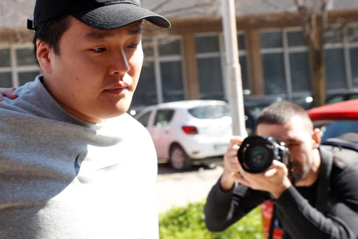 FILE PHOTO: Do Kwon, the cryptocurrency entrepreneur, who created the failed Terra (UST) stablecoin, is taken to court in handcuffs, to face charges of forging official documents, in Podgorica, Montenegro, March 24, 2023. REUTERS/Stevo Vasiljevic MONTENEGRO OUT. NO COMMERCIAL OR EDITORIAL SALES IN MONTENEGRO/File Photo
