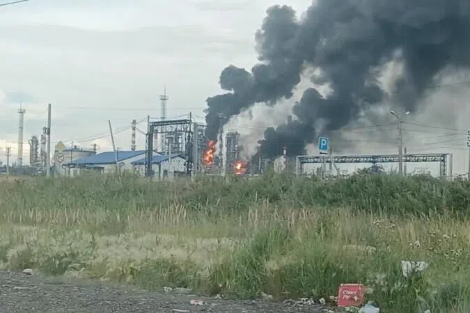 Fire at Omsk oil refinery on July 6 as the region’s governor says the province came under attack from Ukrainian drones, in Omsk, Russia.