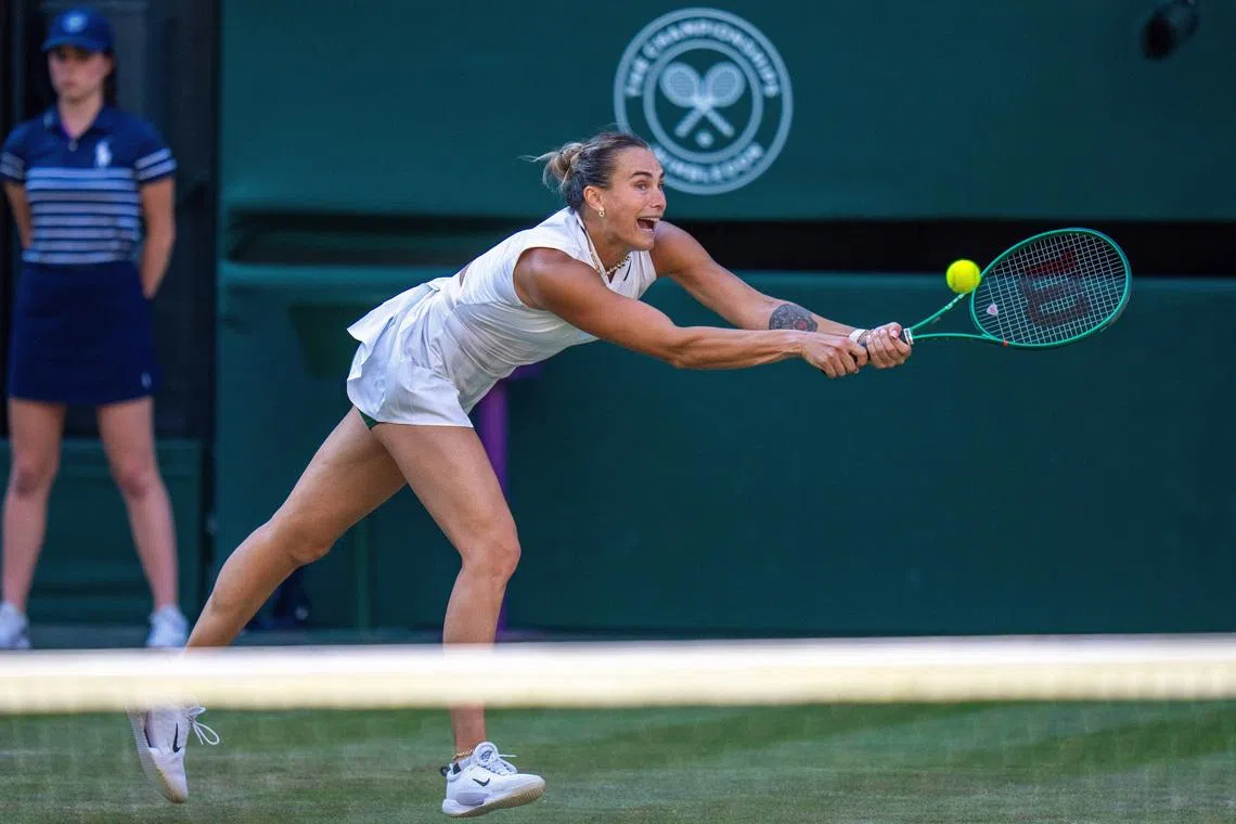 Jul 3, 2026; London, United Kingdom; Aryna Sabalenka returns a shot during her match against Jelena Ostapenko of Latvia on day five at All England Lawn Tennis and Croquet Club.  Mandatory Credit: Susan Mullane-Imagn Images