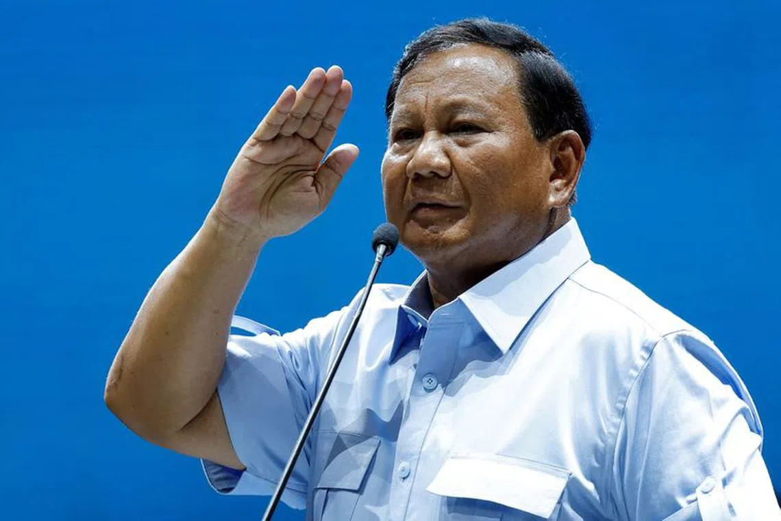 Indonesia's Defence Minister and presidential candidate Prabowo Subianto salutes to his supporters after delivering a speech at Jakarta Convention Center, during his campaign rally in Jakarta, Indonesia, February 2, 2024. REUTERS/Willy Kurniawan/File Photo