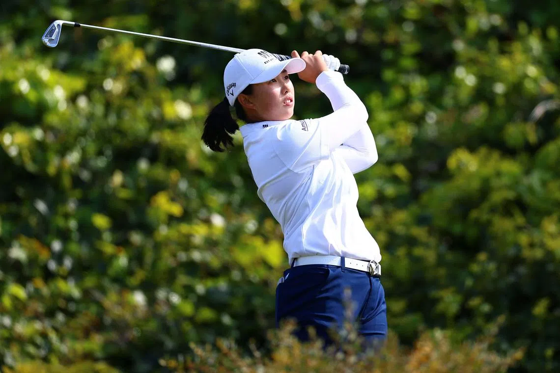 Tournament winner Yin Ruoning of China plays her shot from the 11th tee during the final round of the DIO Implant LA Open at Palos Verdes Golf Club on Sunday.