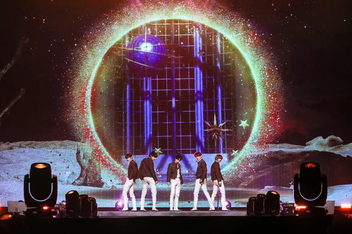 South Korean boy band Tomorrow X Together performing at Singapore Indoor Stadium on Sept 7, 2024.
