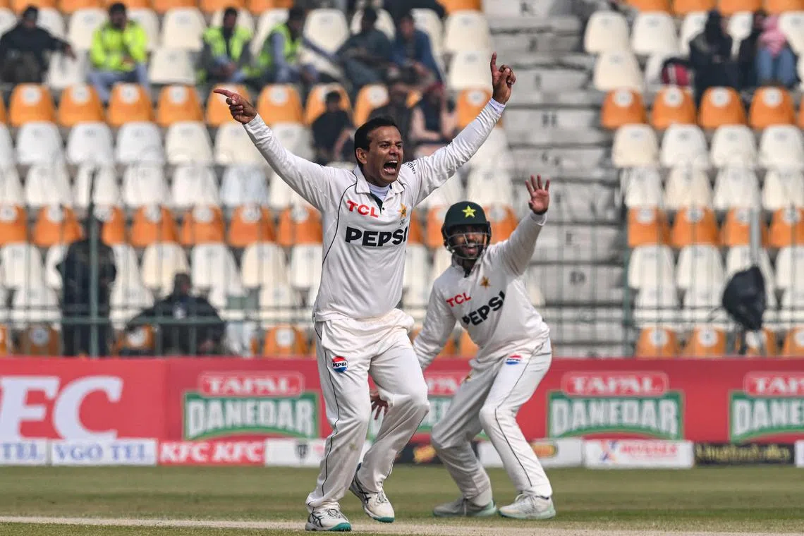 Pakistan's Noman Ali (left) successfully appeals for leg before wicket (LBW) against West Indies' Justin Greaves on the third day of the first Test at the Multan Cricket Stadium on Jan 19, 2025.