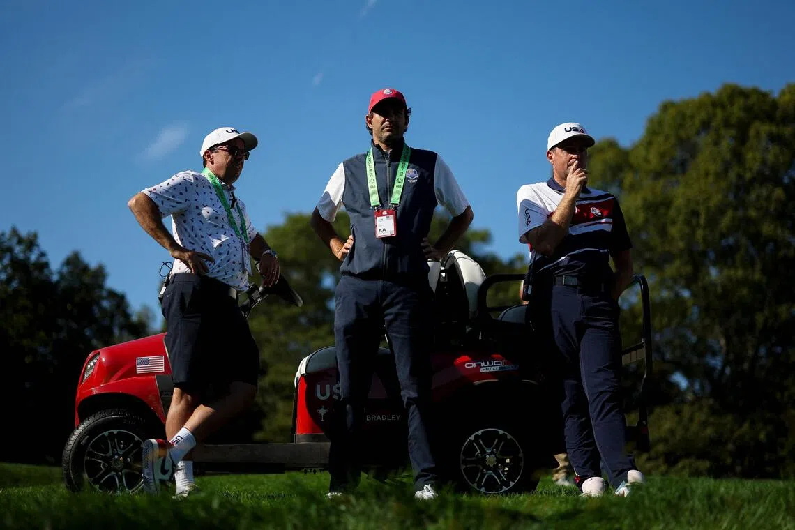 US captain Keegan Bradley looks on during a practice round prior to the Ryder Cup 2025.