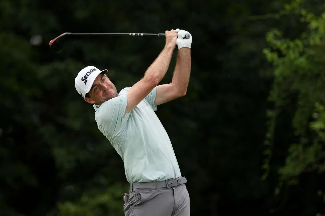 Keegan Bradley plays his shot from the 13th tee during the third round of the Travelers Championship at TPC River Highlands on June 24.