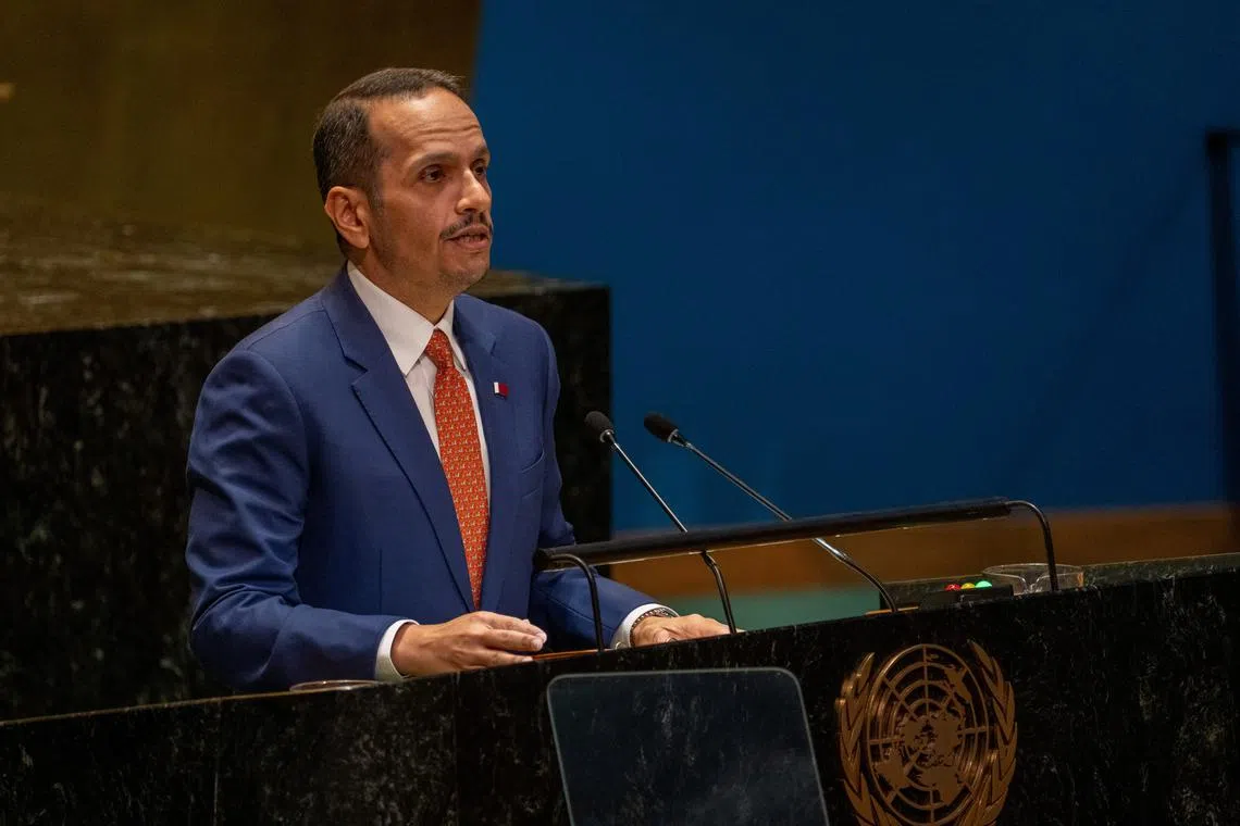 FILE PHOTO: Qatar's Prime Minister and Foreign Minister Sheikh Mohammed Bin Abdulrahman Al-Thani addresses the \"Summit of the Future\" in the General Assembly Hall at United Nations Headquarters in New York City, U.S., September 22, 2024. REUTERS/David Dee Delgado/File Photo