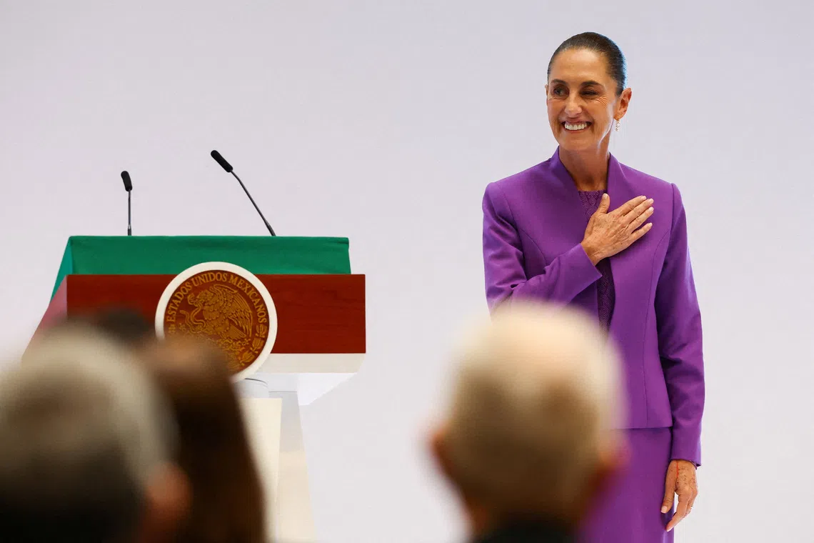 FILE PHOTO: Mexico's President Claudia Sheinbaum gestures from the stage on the day she delivers a speech marking her second year in office, in Mexico City, Mexico, September 1, 2026. REUTERS/Daniel Becerril/File Photo