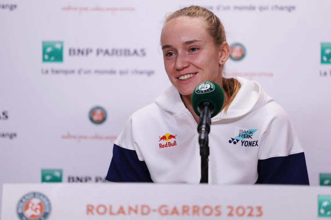 Kazakhstan's Elena Rybakina addressing a press conference at the French Open in Paris on June 3, 2023, after withdrawing because of illness.