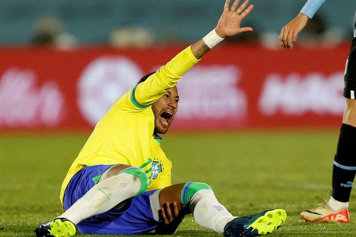 FILE PHOTO: Soccer Football - World Cup - South American Qualifiers - Uruguay v Brazil - Estadio Centenario, Montevideo, Uruguay - October 17, 2023 Brazil's Neymar reacts after sustaining an injury REUTERS/Andres Cuenca/File Photo