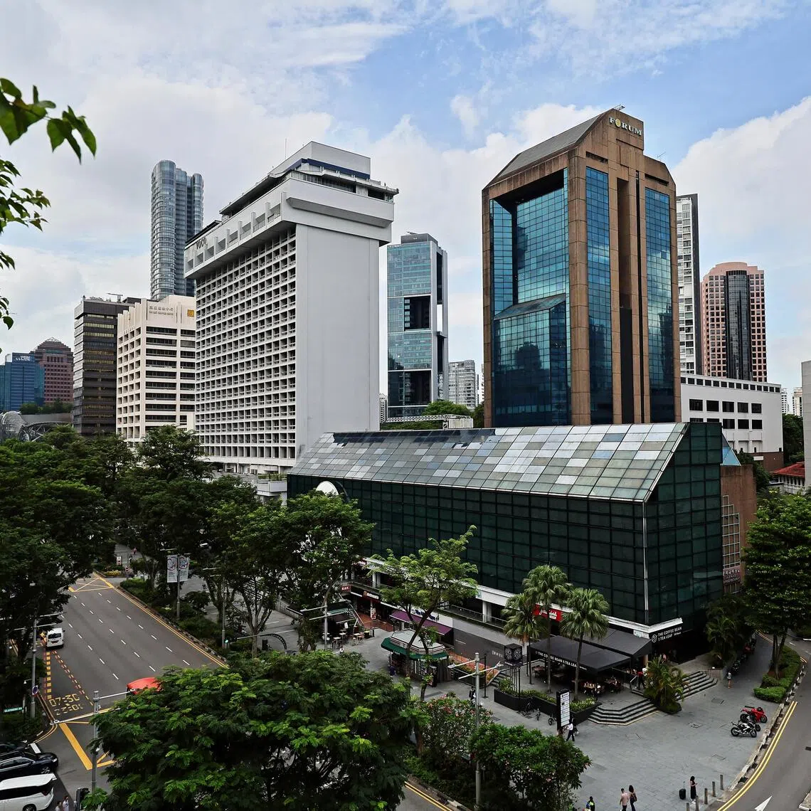 The assets under discussion are the HPL-owned voco Orchard hotel (left), Forum The Shopping Mall (centre) and HPL House (right).