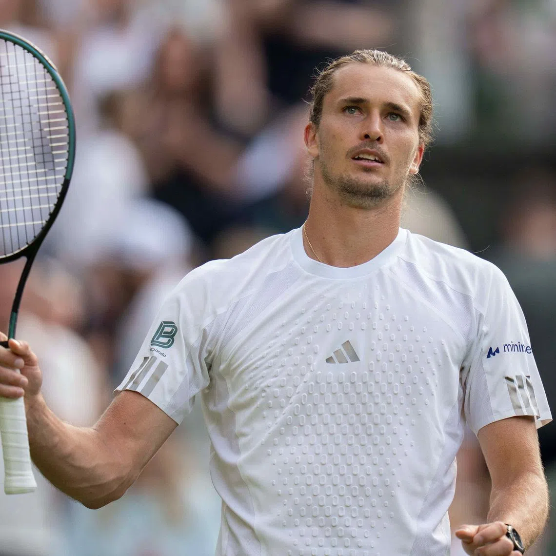 Jun 30, 2026; London, United Kingdom;  Alexander Zverev of Germany celebrates winning his match against  Alexander Blockx of Belgium on day two at All England Lawn Tennis and Croquet Club.  Mandatory Credit: Susan Mullane-Imagn Images