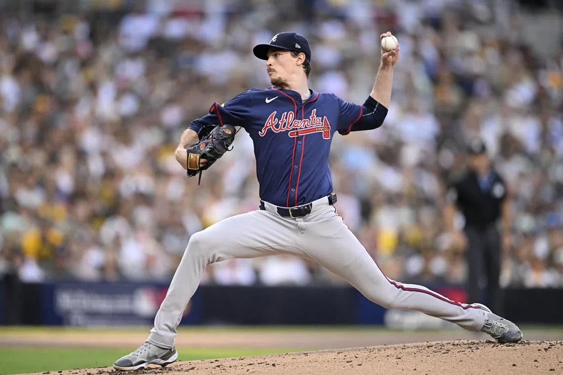 Oct 2, 2024; San Diego, California, USA; Atlanta Braves pitcher Max Fried (54) throws during the first inning of game two in the Wildcard round for the 2024 MLB Playoffs against the San Diego Padres at Petco Park. Denis Poroy-Imagn Images/File Photo