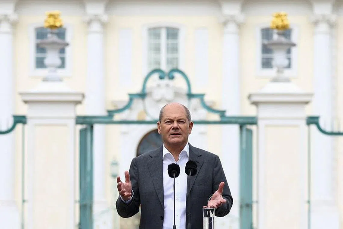 German Chancellor Olaf Scholz attends a press conference after a closed cabinet meeting at Schloss Meseberg, near Gransee, Germany, August 30, 2023. REUTERS/Lisi Niesner