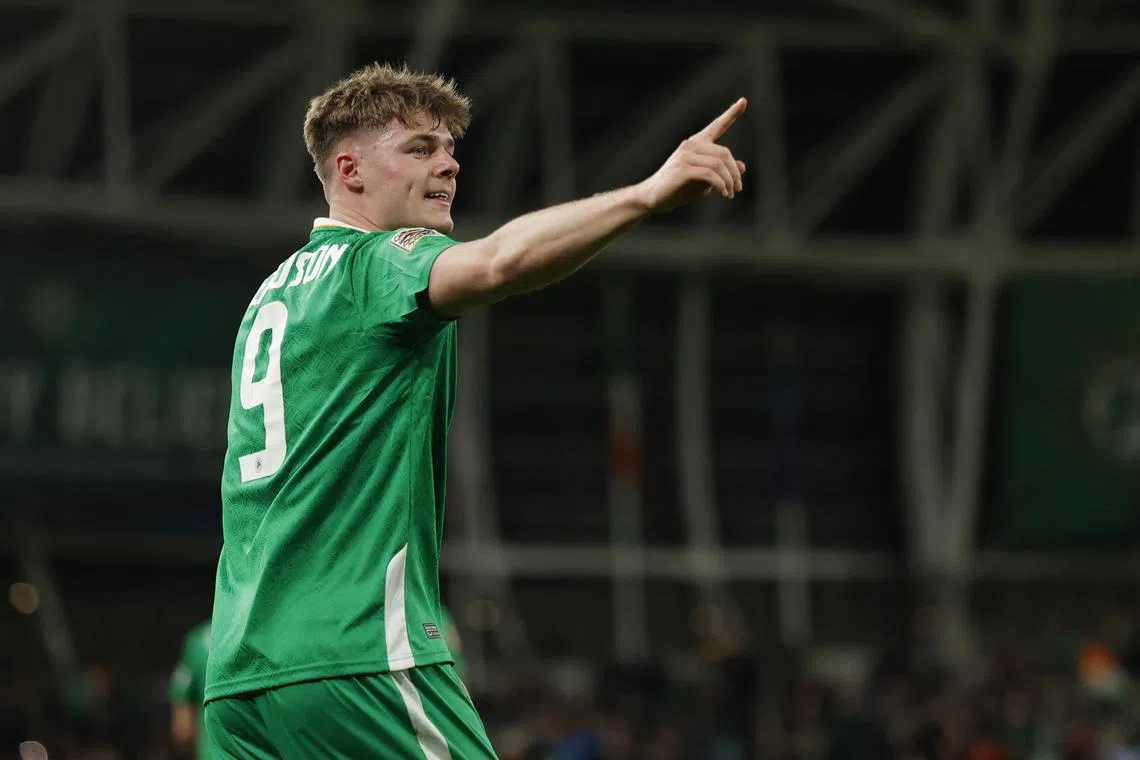 FILE PHOTO: Soccer Football - Nations League - Play-offs - Second Leg - Republic of Ireland v Bulgaria - Aviva Stadium, Dublin, Ireland - March 23, 2025, Republic of Ireland's Evan Ferguson celebrates scoring their first goal REUTERS/Clodagh Kilcoyne/File Photo