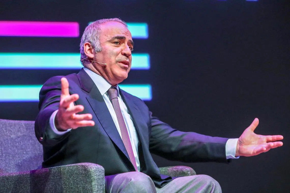 FILE PHOTO: Chess grandmaster Garry Kasparov on stage at the Oslo Freedom Forum in Norway May 27, 2019. NTB Scanpix/Ryan Kelly via REUTERS/File Photo