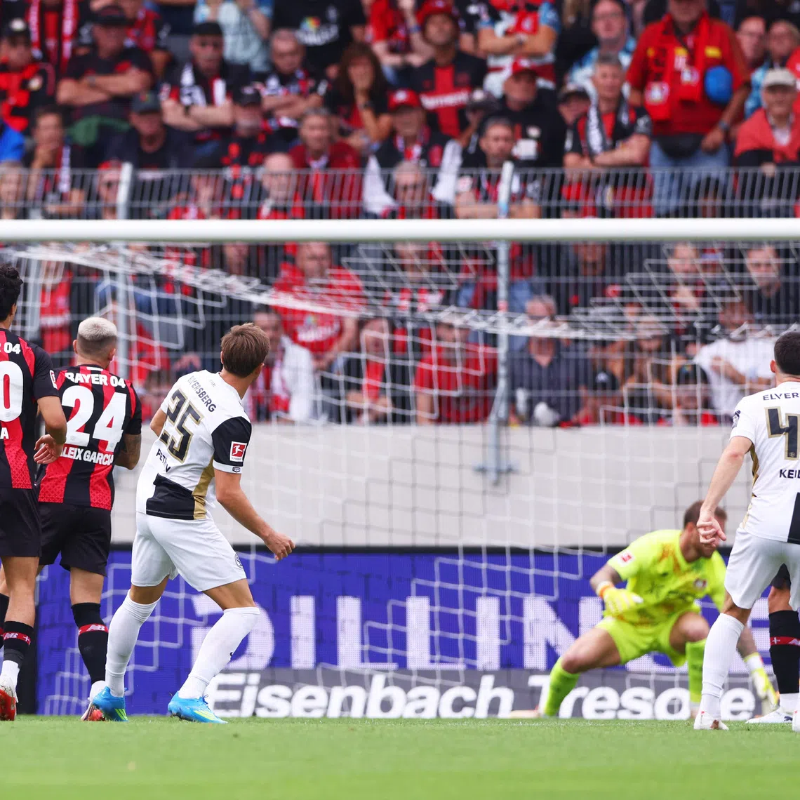 Soccer Football - Bundesliga - SV Elversberg v Bayer Leverkusen - Waldstadion an der Kaiserlinde, Spiesen-Elversberg, Germany - August 29, 2026 SV Elversberg's Lukas Petkov scores their first goal REUTERS/Thilo Schmuelgen