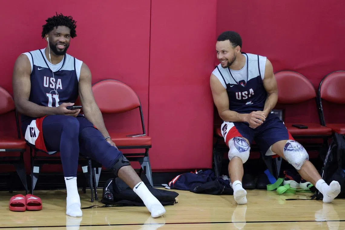 Joel Embiid (left) and Stephen Curry at Team USA training session at Mendenhall Centre in Las Vegas on July 7, ahead of the upcoming Paris Olympics.