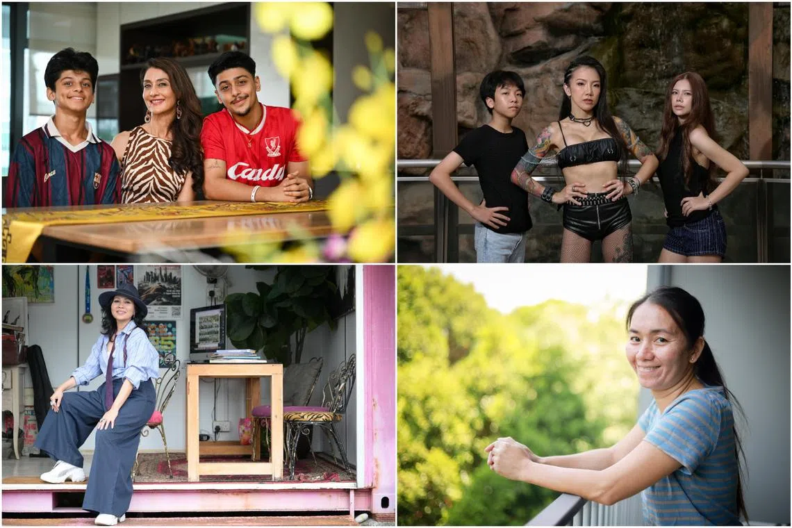 (Clockwise from left) Harminder Rajan and her two sons, former Singapore Idol contestant and mother of four, Maia Lee, with her son and daughter, Myra Queman, and Wahyu Rahman.