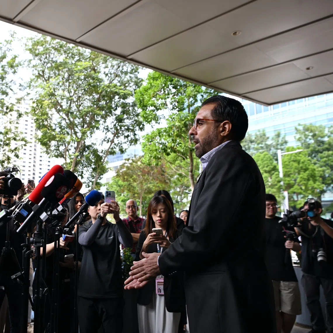 Workers’ Party chief Pritam Singh giving a media doorstop at the Supreme Court on Dec 4. 