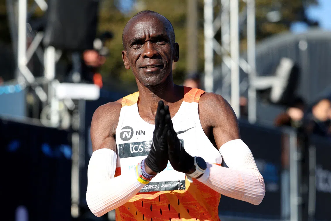 FILE PHOTO: Athletics - Sydney Marathon - Sydney, Australia - August 31, 2025 Kenya's Eliud Kipchoge reacts after the Sydney Marathon REUTERS/Hollie Adams/File Photo