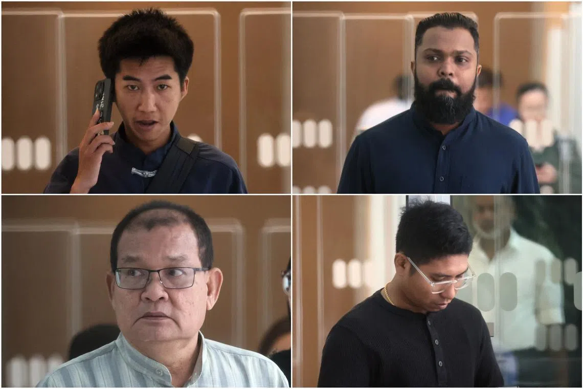 (Clockwise from top left): Chen Zixiong, Thiru Murugan Shanmugam, Mohammad Hafizudin Hanapiah and Mohd Aris Bin Jalil leaving State Courts on Nov 3.