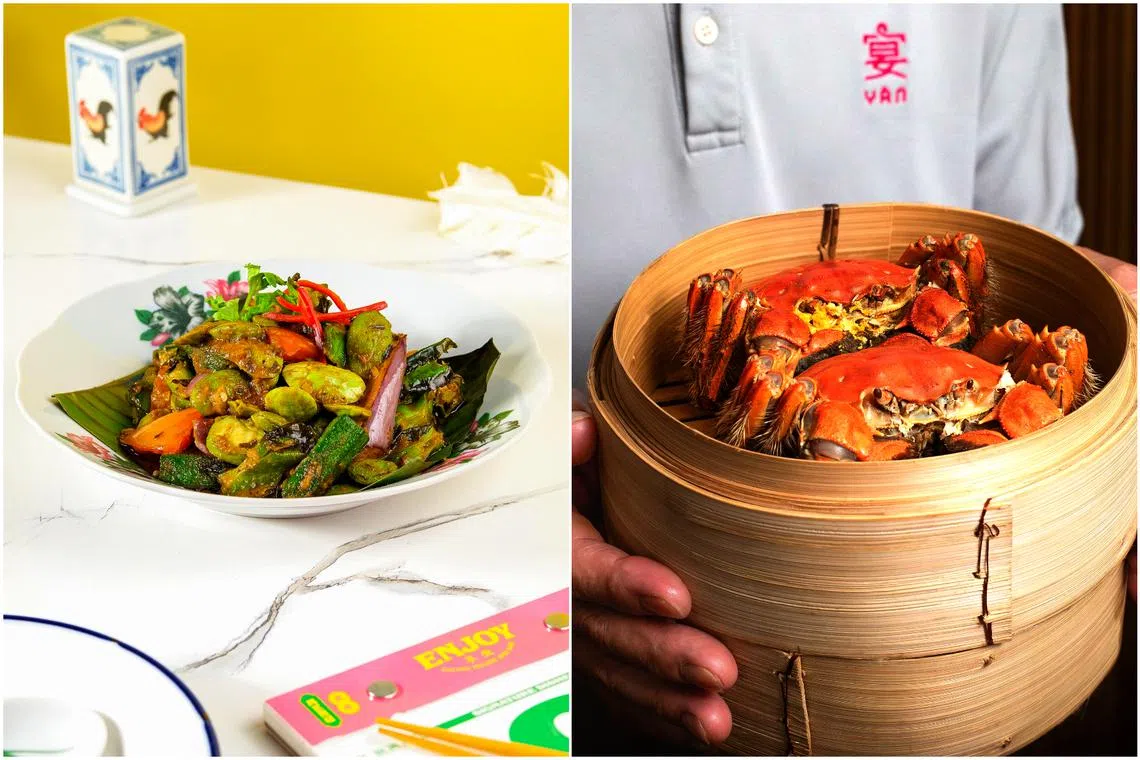 Four Heavenly Ongs from Enjoy Eating House (left), and steamed hairy crabs from Yan.