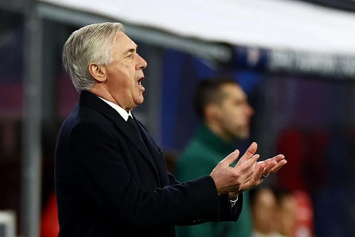 FILE PHOTO: Soccer Football - Champions League - Round of 16 - First Leg - RB Leipzig v Real Madrid - Red Bull Arena, Leipzig, Germany - February 13, 2024 Real Madrid coach Carlo Ancelotti REUTERS/Lisi Niesner/File photo