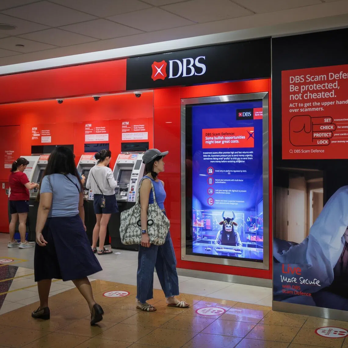 DBS shares jumped 3.7 per cent to $58.65 as at 9.18am, after hitting $59, as first-quarter net profit grew 1 per cent on record wealth management fees.