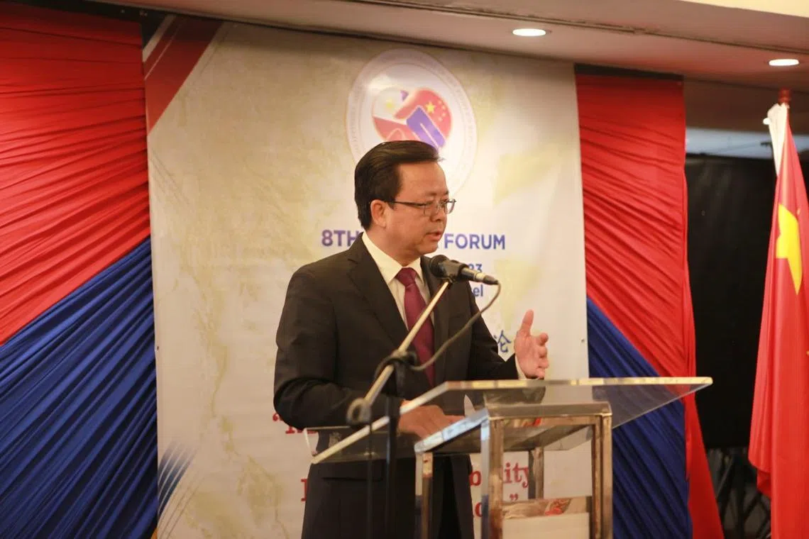 Chinese Ambassador to Manila Huang Xilian speaking at a public forum in Manila on April 14, 2023.