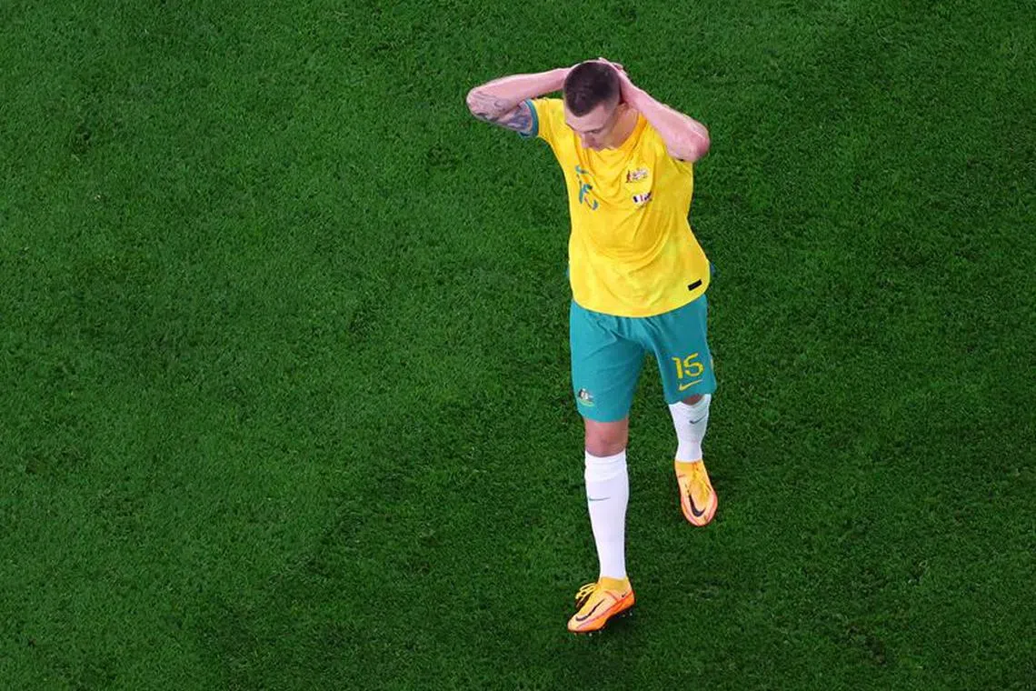 Soccer Football - FIFA World Cup Qatar 2022 - Group D - France v Australia - Al Janoub Stadium, Al Wakrah, Qatar - November 22, 2022 Australia's Mitchell Duke reacts REUTERS/Fabrizio Bensch/File Photo