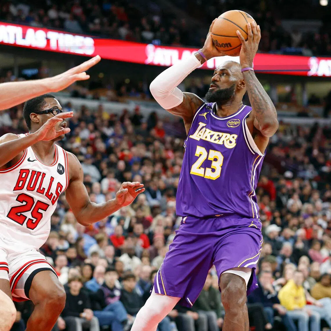 Los Angeles Lakers forward LeBron James shoots against the Chicago Bulls during the second half at United Center. 