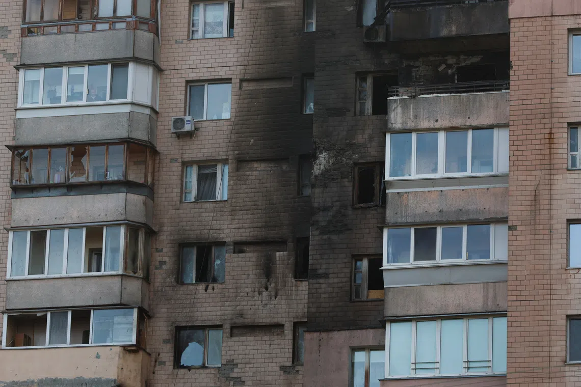 Smoke marks on the facade of a residential building damaged during a Russian drone and missile strike, amid Russia's attack on Ukraine, in Kyiv, October 22, 2025. REUTERS/Alina Smutko