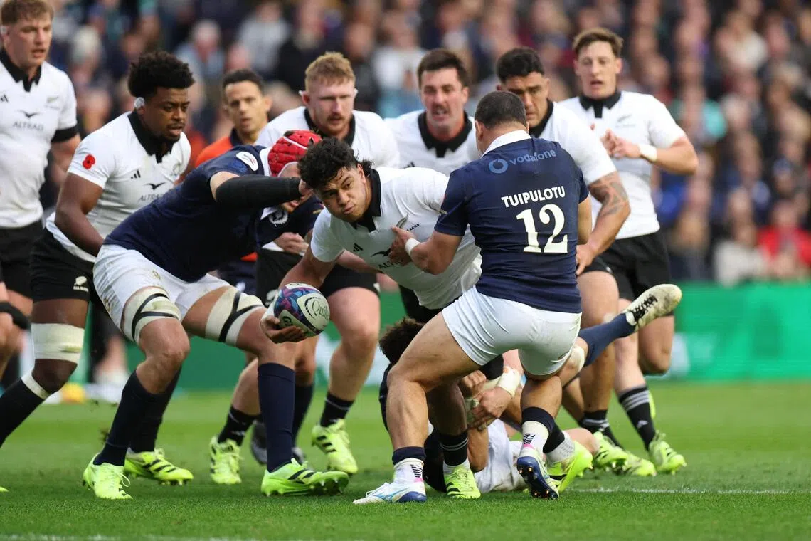New Zealand's Wallace Sititi (with the ball) was one of three All Blacks who were sin-binned in the 25-17 win over Scotland at Murrayfield on Nov 8, 2025.