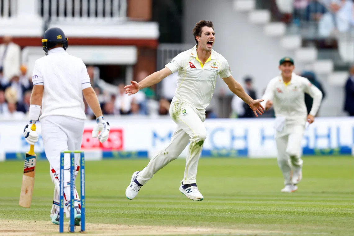 Cricket - Ashes - Second Test - England v Australia - Lords, London, Britain - July 1, 2023 Australia's Pat Cummins celebrates after taking the wicket of England's Joe Root, caught by David Warner Action Images via Reuters/Peter Cziborra